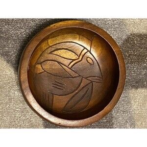 Vintage Primitive Style Wooden Bowl Hand Carved Fish Design Collectible EUC